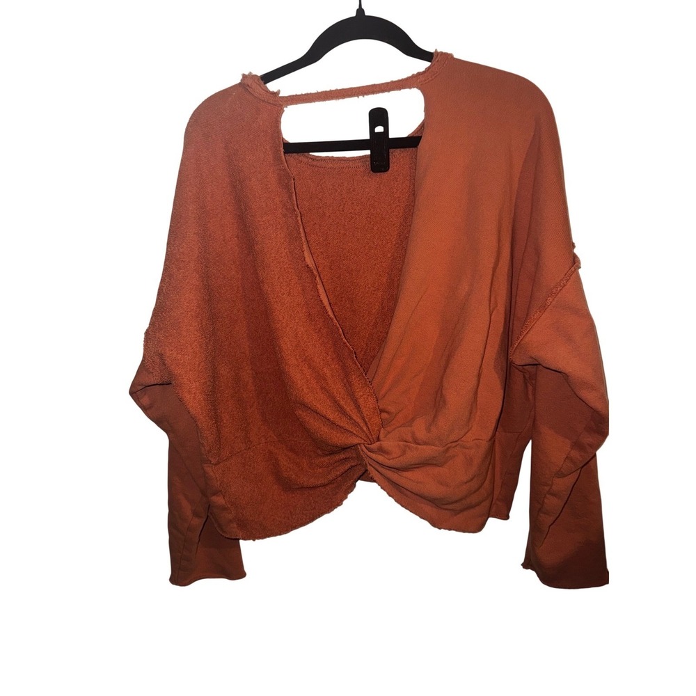 Aerie Womens Sz S Twist Front Sweatshirt Burnt Orange Raw Hem Cropped Lounge